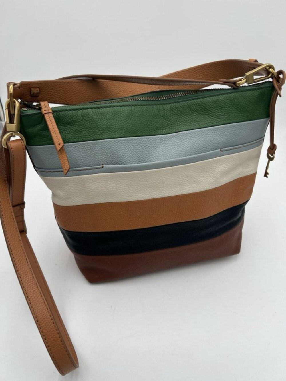 Fossil Julianna Hobo Bag Leather Colorblock Strip Shoulder Purse Key Charm EUC - Picture 7 of 16
